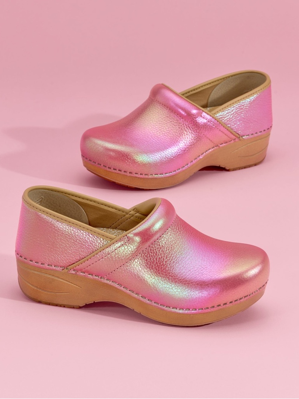 Dansko Iridescent Pink Leather Clogs with Tan Outsole